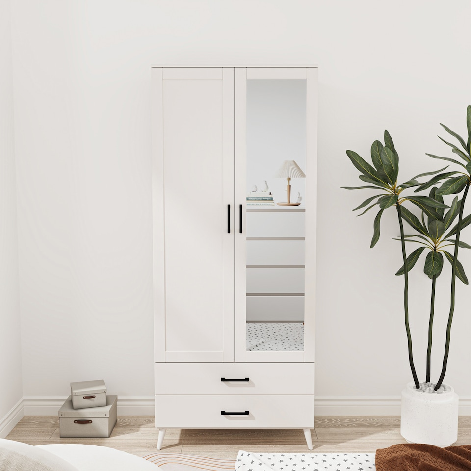image 1 of 2-Door 2-Drawer Mirror Wardrobe with Legs | White | White & White | 55 x 9.5 x 149 | 1