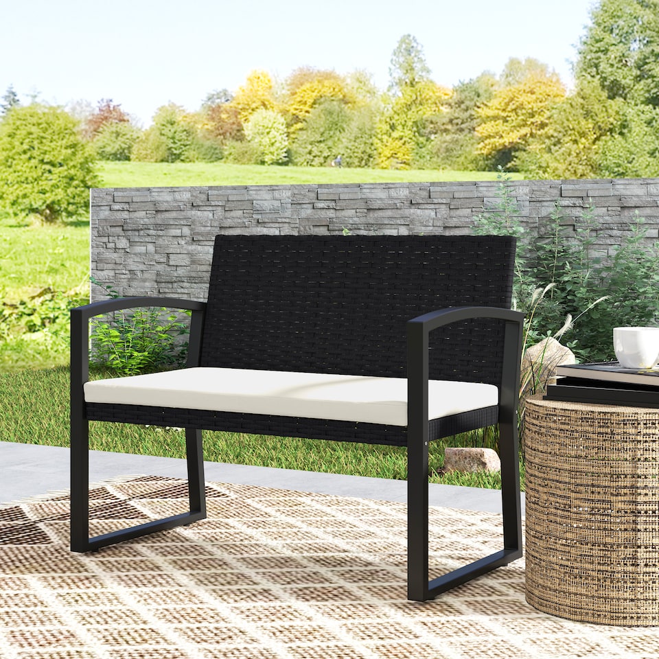 image 1 of Outsunny 2 Seater Rattan Garden Bench, Outdoor Bench with Cushion, PE Wicker Garden Loveseat with Armrests, Galvanised Steel Frame for Patio, Park, Black