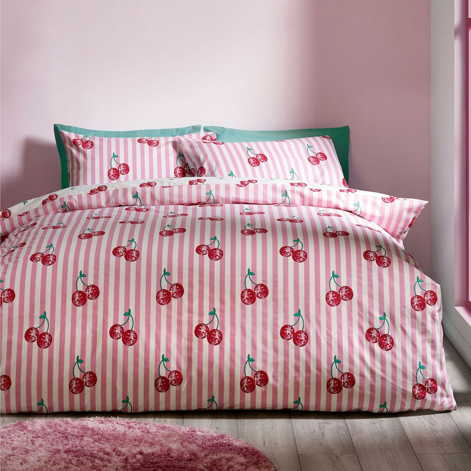 image 1 of Catherine Lansfield Disco Cherries Stripes Reversible Duvet Cover Set Pink | Pink | Single