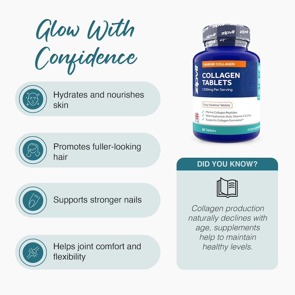 image 1 of Zipvit Marine Collagen 1200mg with Hyaluronic Acid, Vitamin C & Zinc, Hair, Skin & Joint Support, 60 Tablets, 1-Month Supply