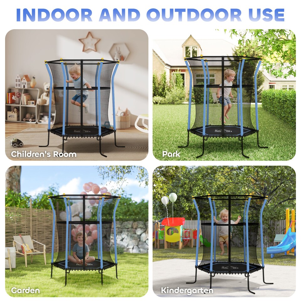image 1 of HOMCOM 4FT Kids Toddler Trampoline with Enclosure Net Indoor Outdoor Blue