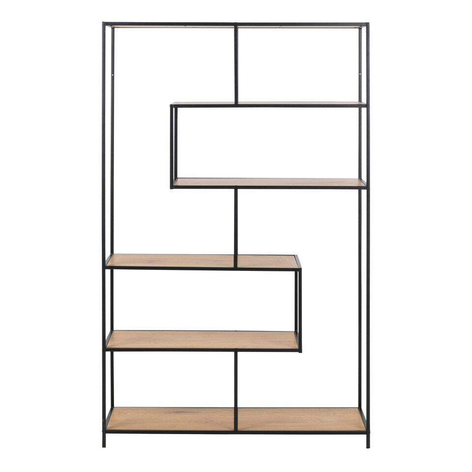 image 1 of Seaford Black Metal Large Asymmetrical Bookcase with 5 Oak Shelves