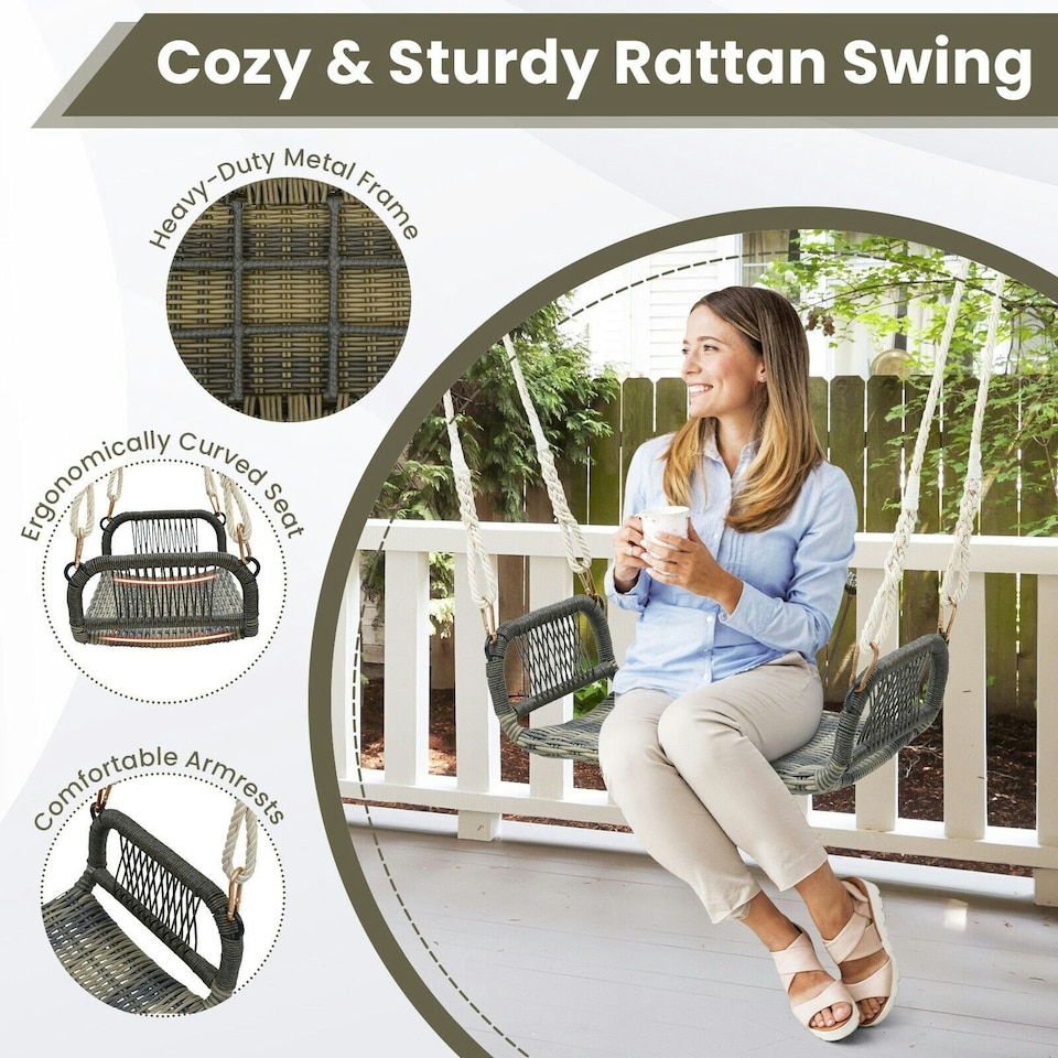 image 1 of COSTWAY Patio Swing Bench Backless Rattan w/Hanging Ropes Black