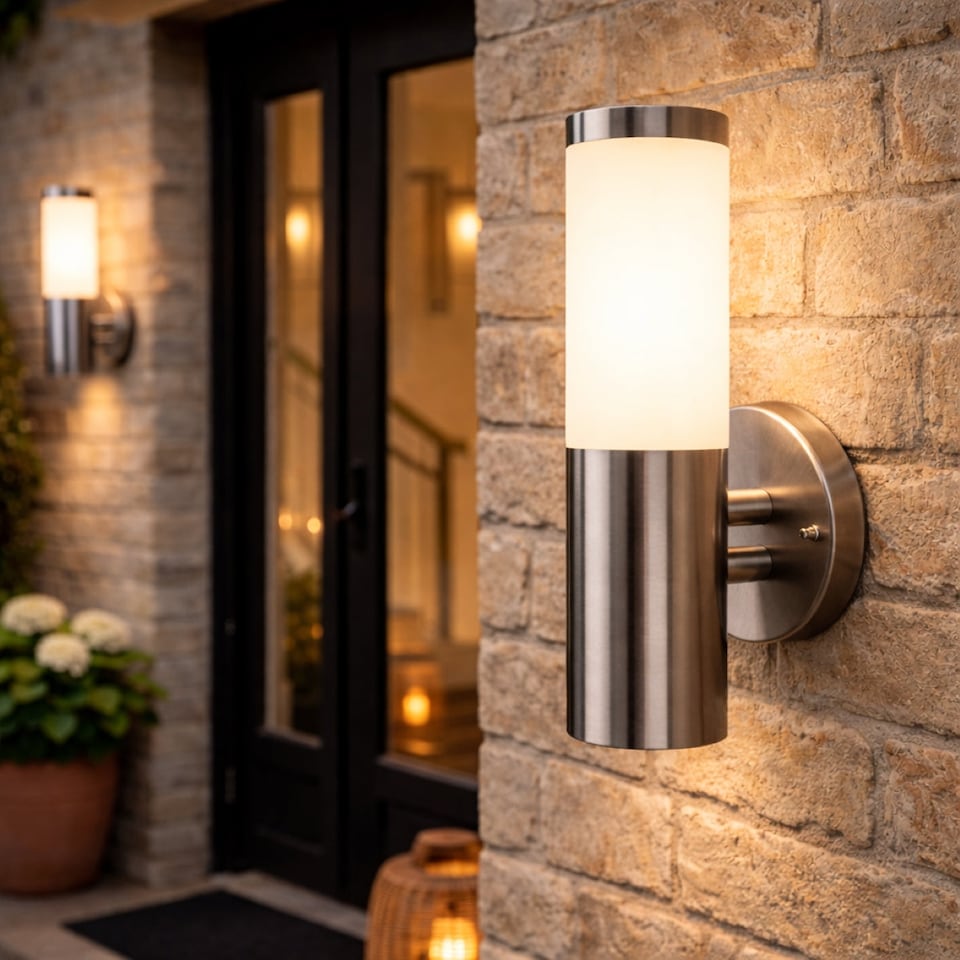 image 1 of CGC Lighting Aster Stainless Steel Outdoor Wall Light | Multi | Grey / silver | Height: 33 cm, Depth: 14.4 cm, Width: 11.8 cm