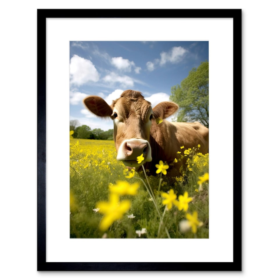 image 1 of Buttercups and Cow Meadow Flowers Countryside 9x7" Black Framed Wall Art Print