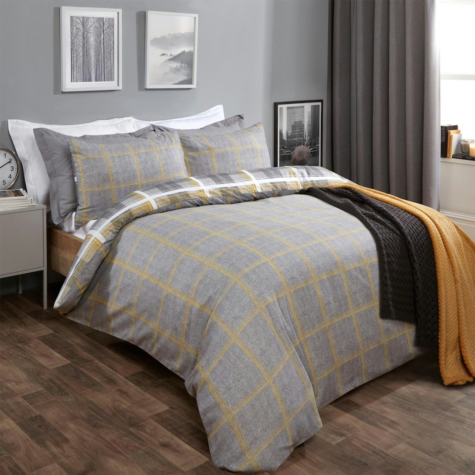 image 1 of OHS Denim Check Print Duvet Cover and Pillowcase Set, Single - Ochre Yellow