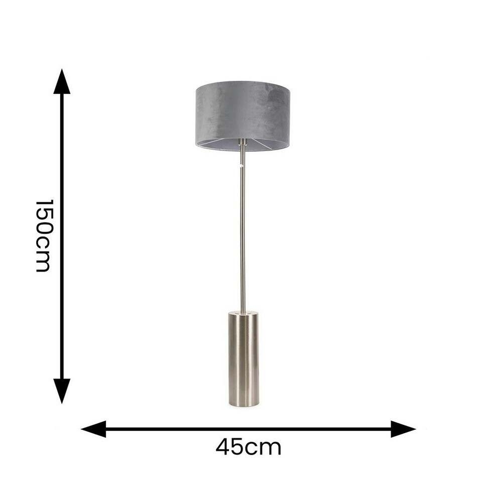 image 1 of ValueLights Lexy Grey Velvet Drum Shade with Brushed Chrome Dimmable Floor Lamp with LED Bulb