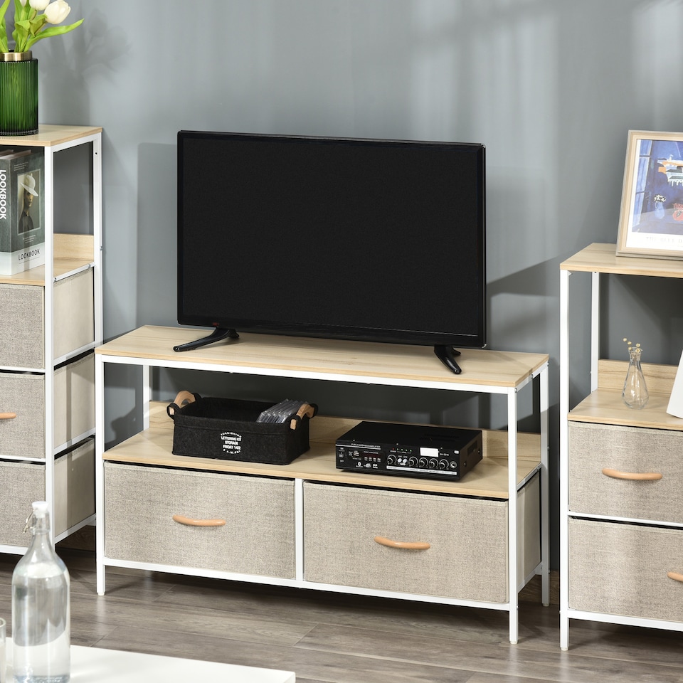 image 1 of HOMCOM TV Stand Cabinet up to 47-inch, TV Unit with 2 Foldable Linen Drawers, Open Shelf for Living Room, Bedroom, Entertainment Room, Maple Wood Effect