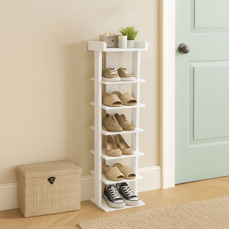 image 1 of Neo White 7 Tier Wooden Shoe Rack Slim Narrow Storage Cabinet Space-Saving Entryway Bedroom Wardrobe | White