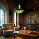 image 5 of Amber and Green Stained Glass Domed Tiffany Pendant Lamp Shade with Chain