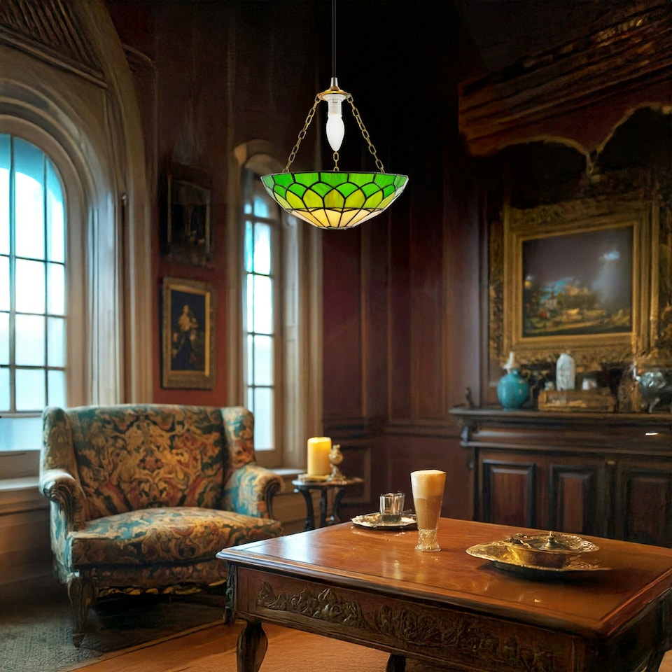 image 1 of Amber and Green Stained Glass Domed Tiffany Pendant Lamp Shade with Chain