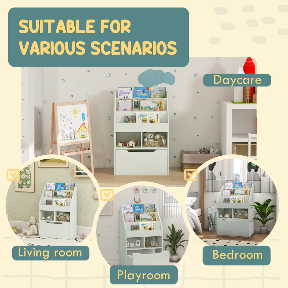 image 1 of HOMCOM Kids Bookshelf Bookcase with Storage Drawer with Wheels Toy Organiser | Green