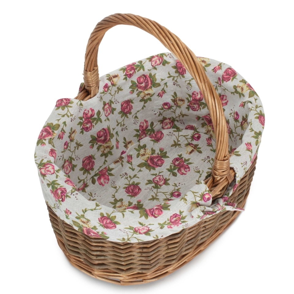 image 1 of Large Oval Unpeeled Willow Shopping Basket With Garden Rose Lining | Multi | Garden Rose