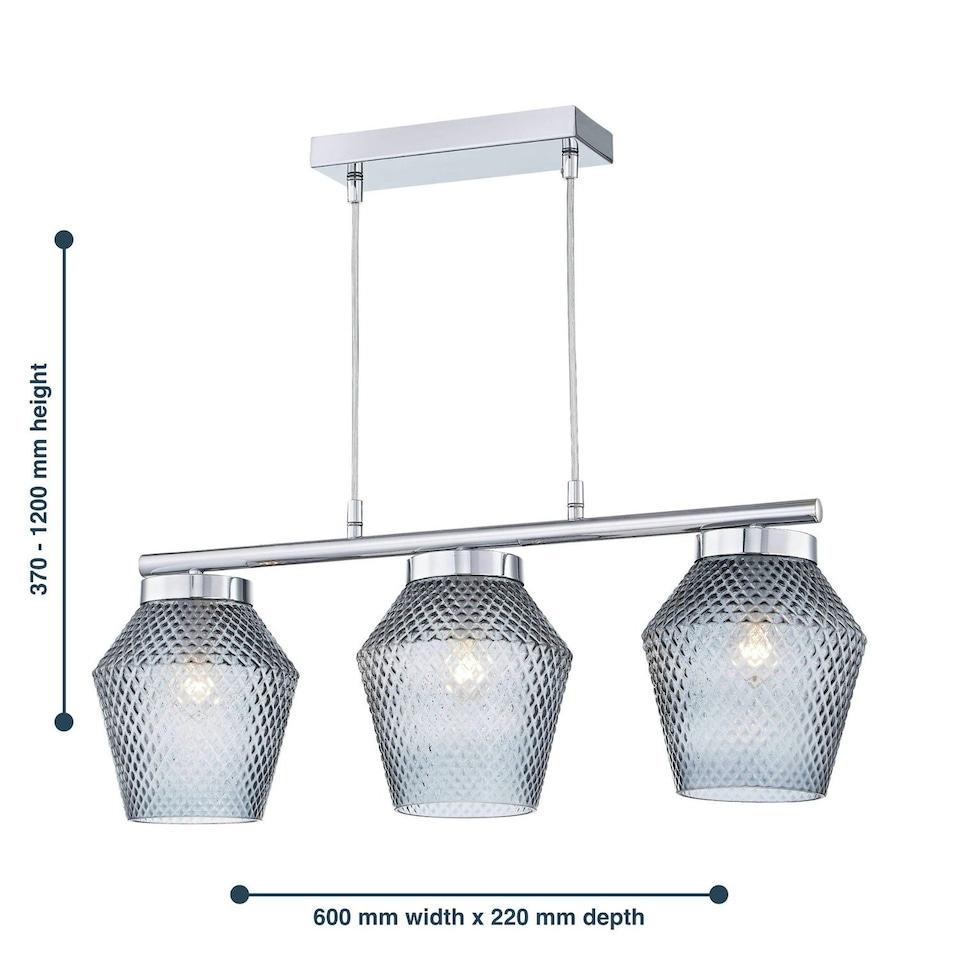image 1 of First Choice Lighting Set of 2 Fraser Smoked Textured Glass 3 Light Pendant Bars Chrome | Clear