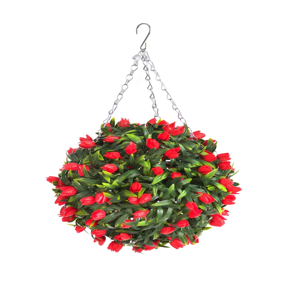 Best Artificial 28cm Red Tulip Hanging Basket Flower Topiary Ball - Suitable for Outdoor Use - Weather & Fade Resistant