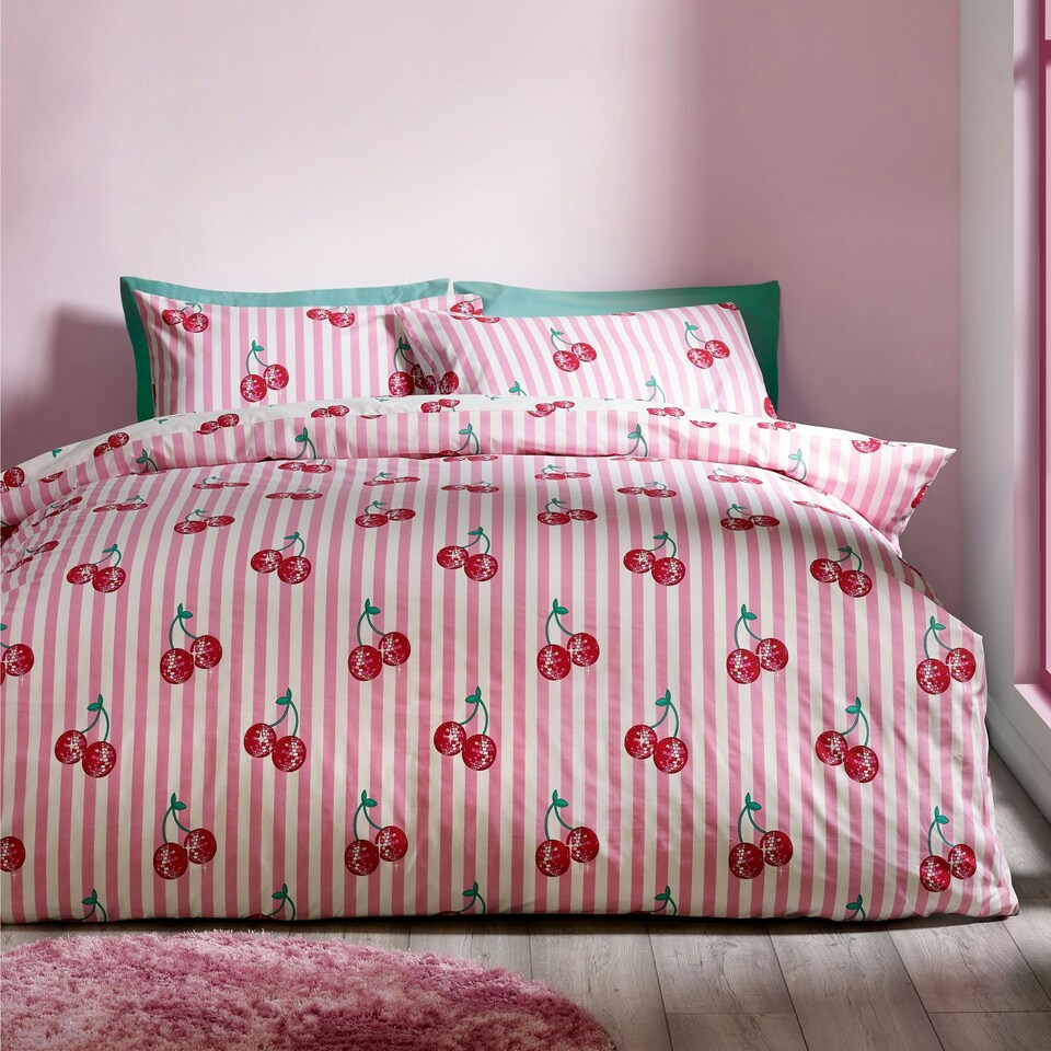 image 1 of Catherine Lansfield Disco Cherries Stripes Reversible Duvet Cover Set Pink Pink | King