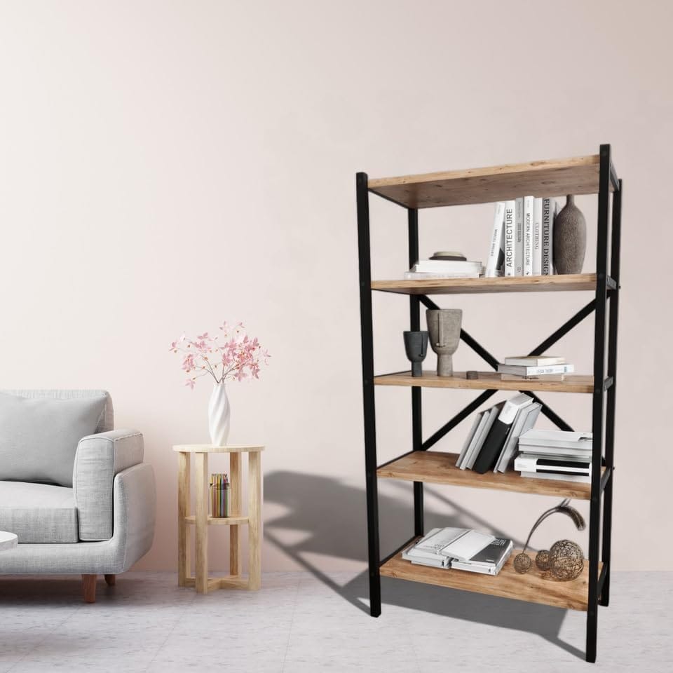 image 1 of 5-Shelf Wood Bookcase Unit With Metal Frame Home Decor Storage and Shelving | Multi | Pine | 1
