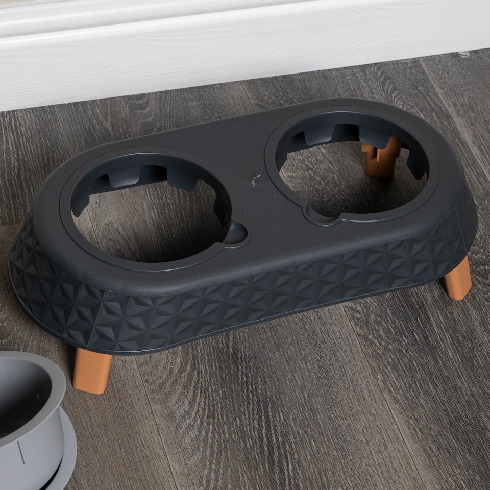 image 1 of 16cm x 9cm Grey Plastic Raised Double Pet Bowl Feeding Station with Stand