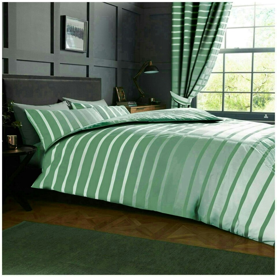 image 1 of VELVETIO Oscar Stripe Duvet Cover Set Reversible Polycotton Easy Care Beddings Green | Duck Egg | Single