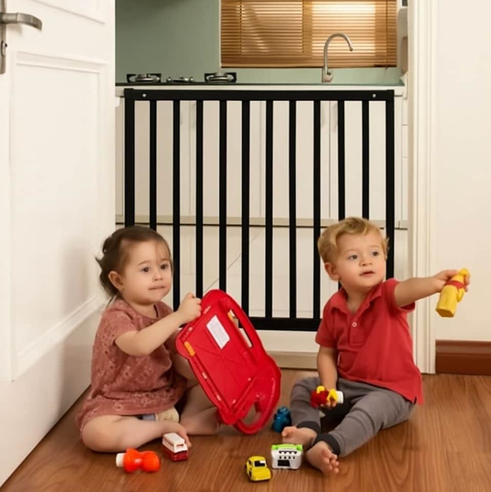 image 1 of Safetots Simply Secure Wooden Gate, 72cm - 79cm, Black, Wooden Stair Gate, Screw Fit Baby Gate, Safety Barrier