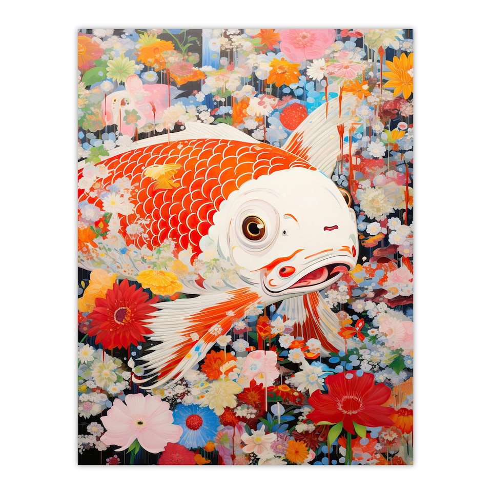 image 1 of Floral & GoldFish Superflat Japanese Koi Carp Fish Black Framed Wall Art Print A4