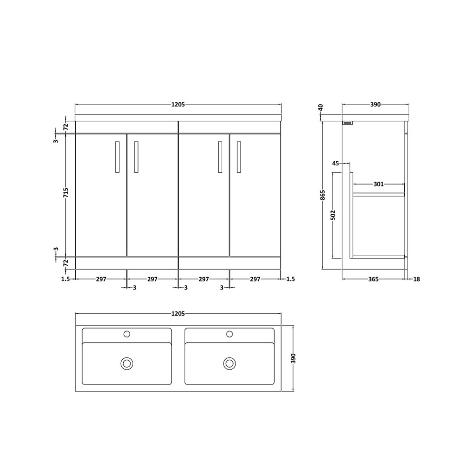 image 1 of Balterley Millwich Contemporary 4 Door Floor Standing Vanity Unit with Basin, Gloss Grey, 1200mm