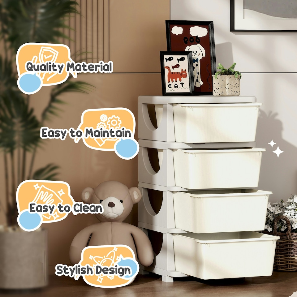 image 1 of HOMCOM Kids Storage Units with Drawers 3 Tier Chest Dresser Tower Cream | 37 x 37 x 76 cm