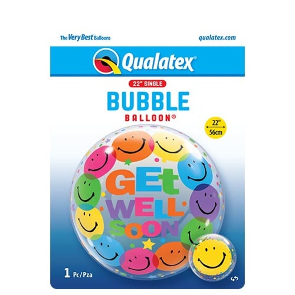 image 1 of Get Well Soon Colourful Smiling Faces Transparent Bubble Helium Qualatex Balloon 56cm / 22 in