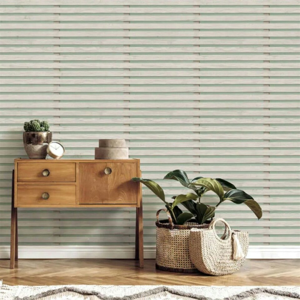 image 1 of Fine Decor Wood Slats Wallpaper - Sage Green - 10m x 53cm | Green