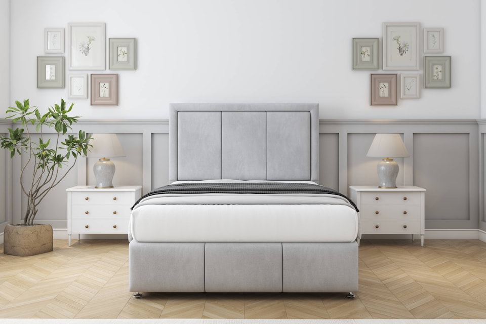 image 1 of Sloomy Lancaster Silver Naples Divan Bed Base No Drawers With 26 Inch Strutted Headboard & 12 Inch Matching Footboard | Silver | Silver | Single | 1