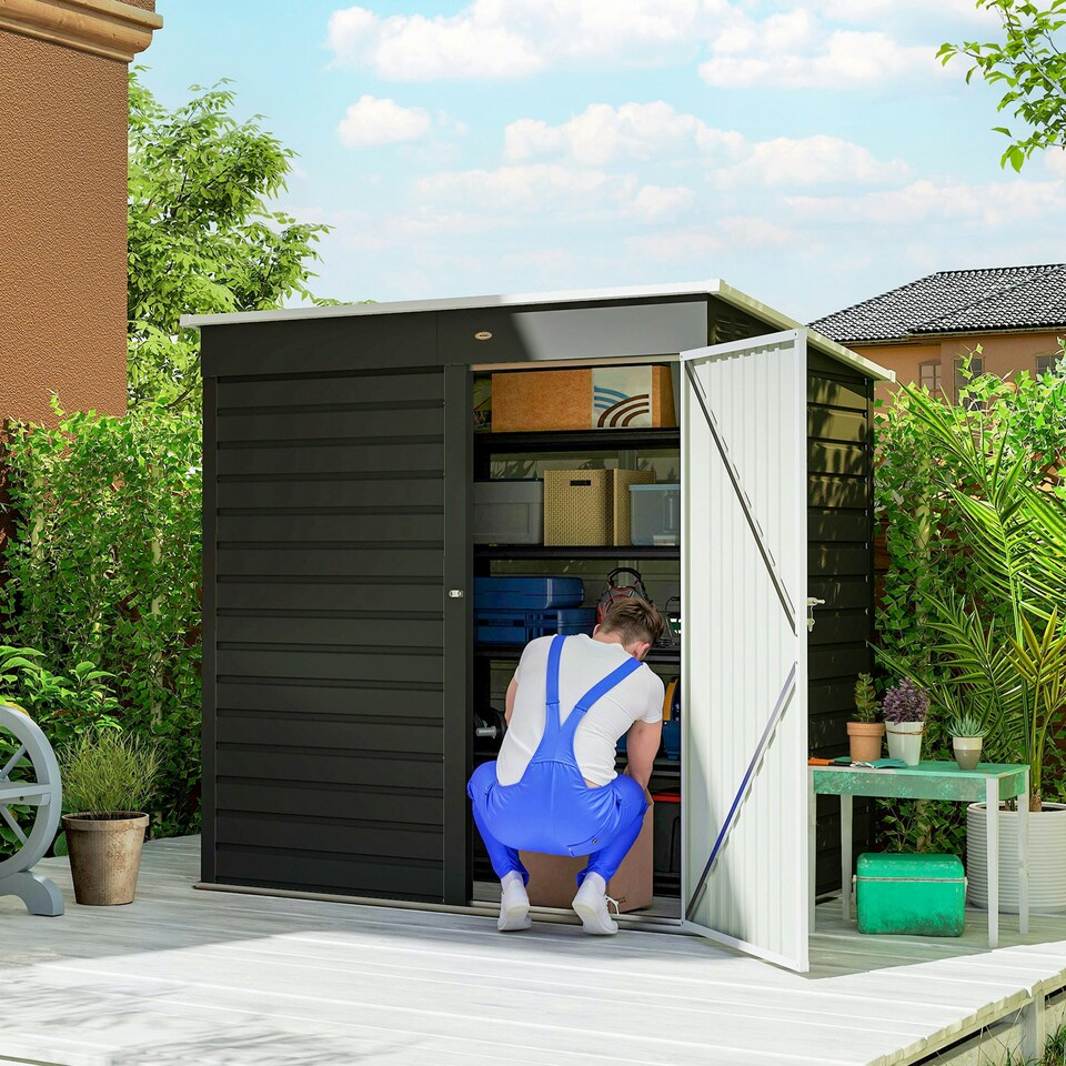 image 1 of Outsunny 6 x 4ft Metal Garden Shed with Lockable Door and Gloves, Dark Grey 