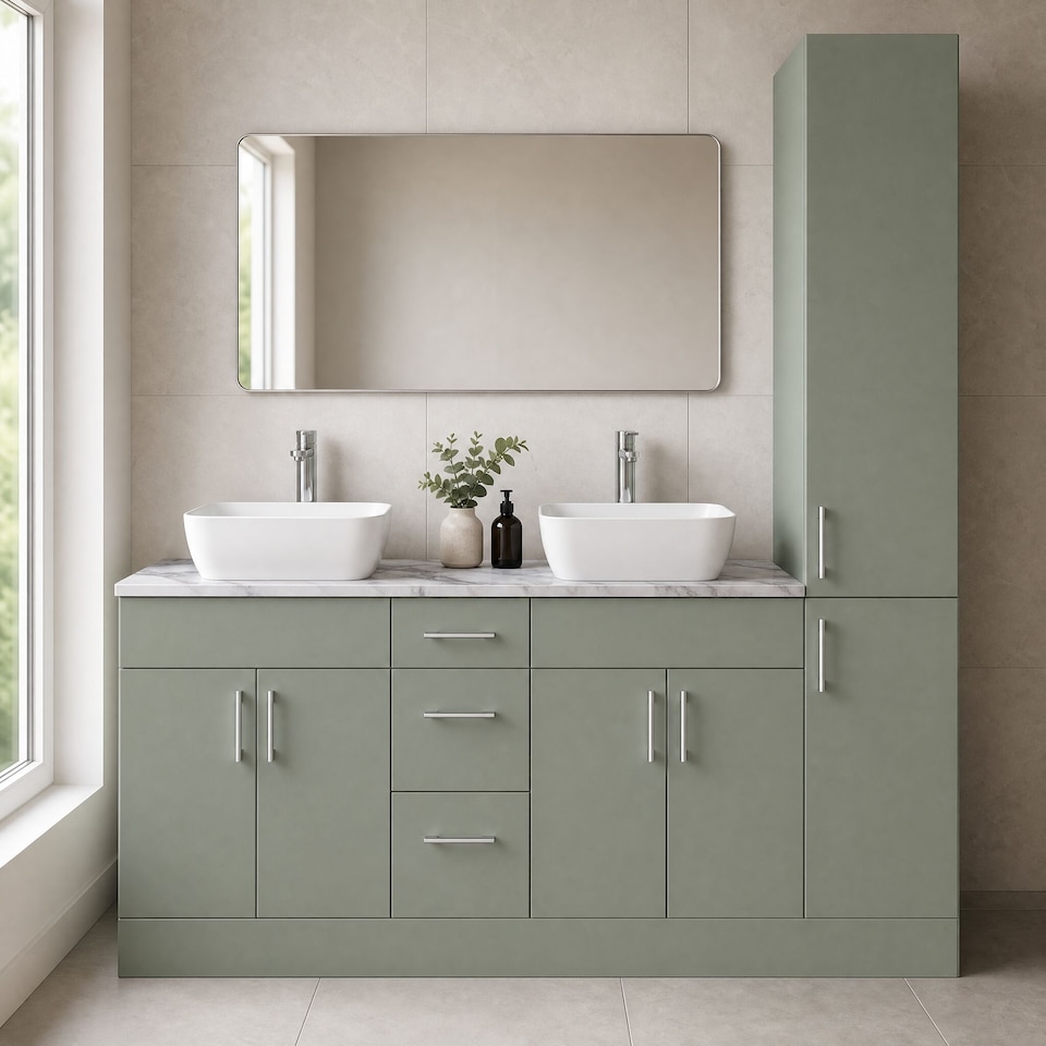 image 1 of Balterley Wichnor Floor Standing 4 Door 3 Drawer Vanity Combination Unit with Tall Unit, Laminate Worktop and Countertop Vessel, 1800mm, Fern Green