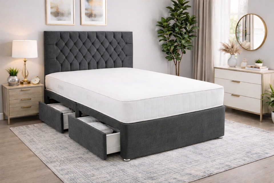 image 1 of 3FT Single  Shadow Grey Coniston Divan Bed Set with Headboard & Orthopedic Mattress 2 Drawers Same Side