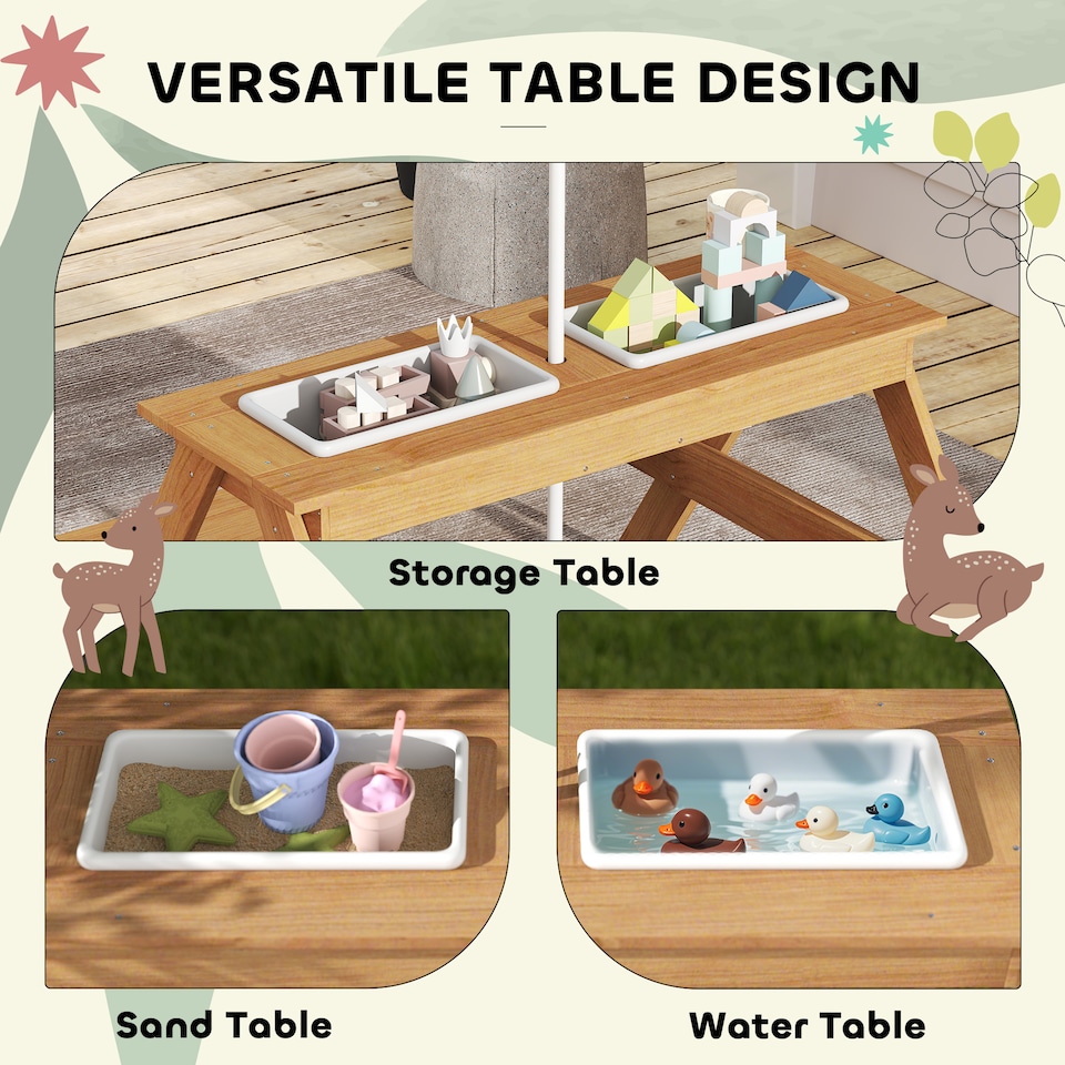 image 1 of AIYAPLAY Wooden Kids Picnic Table, Sand and Water Table w Benches, Parasol | Multi