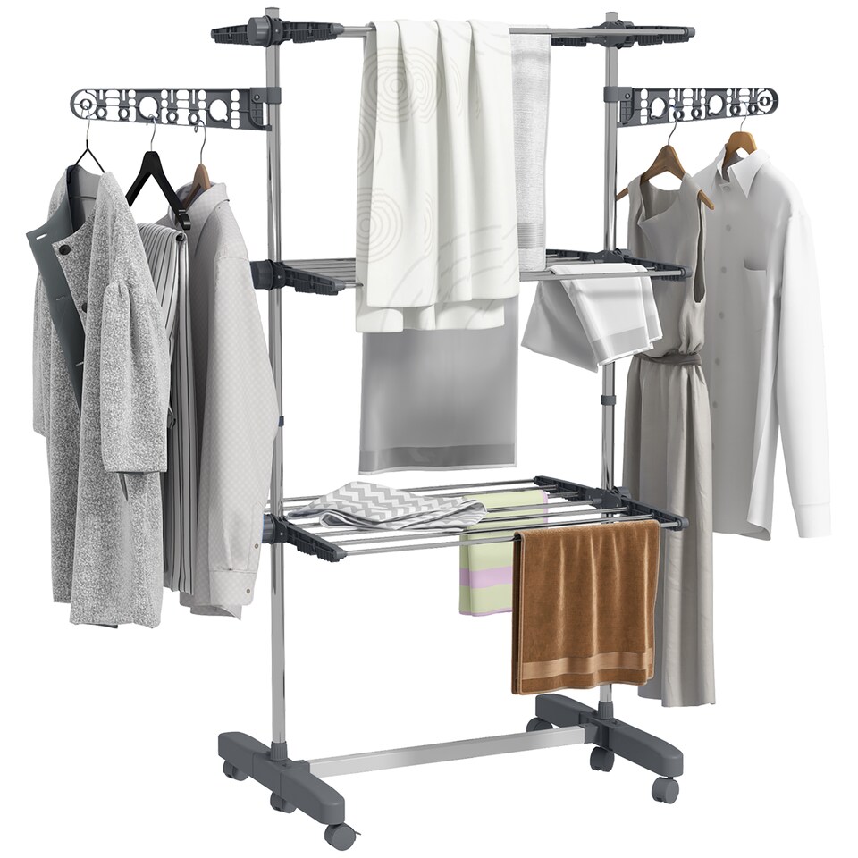 image 1 of HOMCOM 3-Tier Clothes Airer, Stainless Steel Foldable Clothes Drying Rack with Wheels and Wings, Indoor and Outdoor, Easy Assembly, 142 x 55 x 152cm, Grey