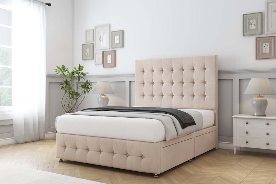 image 1 of Sloomy Berlin Sand Naples Divan Bed With Mattress 2 Drawers Right Side With 26" Strutted Headboard & 12" Matching Footboard 2'6 Small Single | Cream | Sand | Small Single | 1