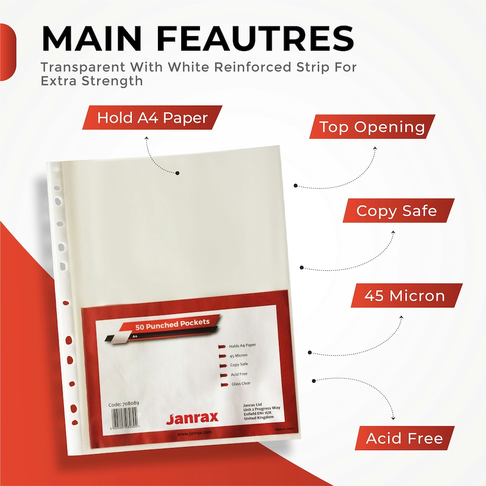 image 1 of Pack of 250 A4 Glass Clear Punched Pockets by Janrax