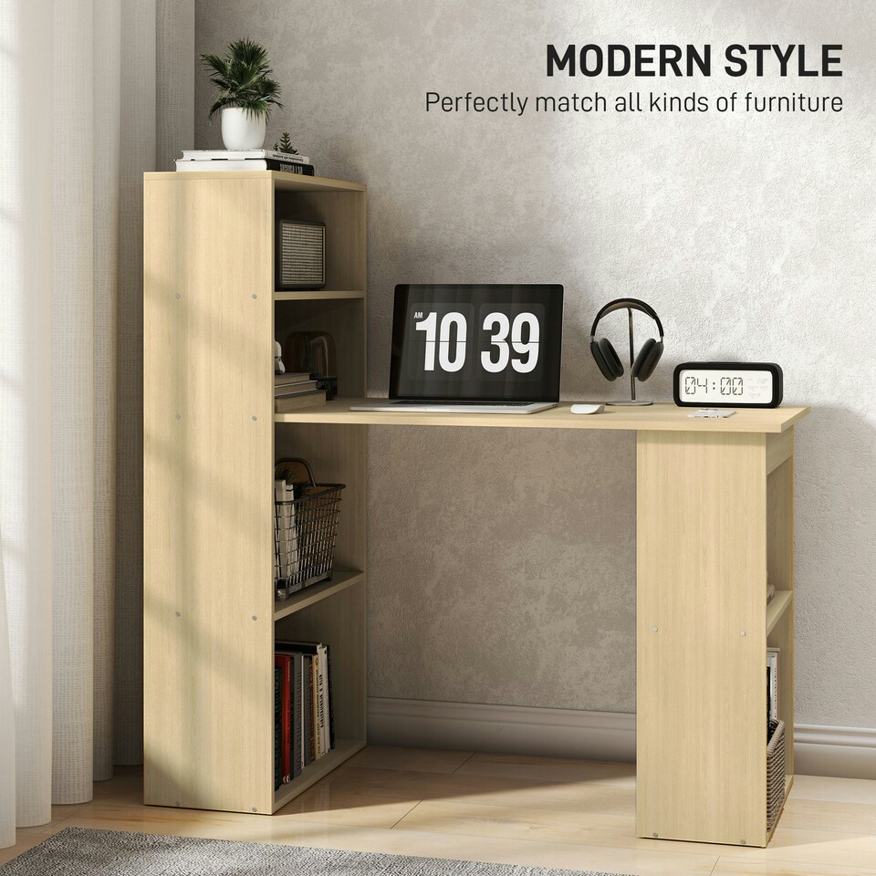 image 1 of HOMCOM 120cm Computer Desk Bookshelf Writing Table 6 Shelves Natural | Brown | 120L x 55D x 120H cm