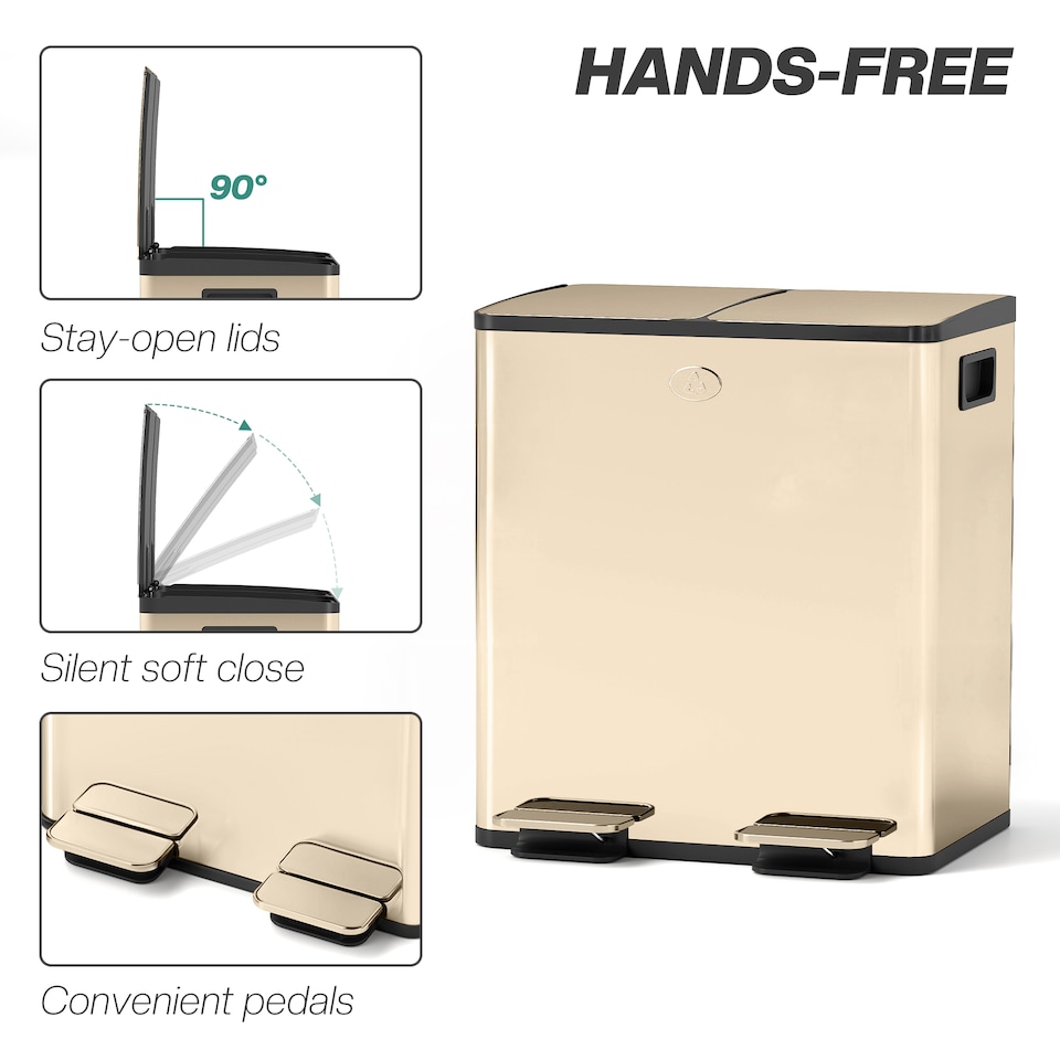 image 1 of HOMCOM 2 x 20L Dual Rubbish Bin Pedal Bin for Recycling and Waste, Gold Tone | Gold