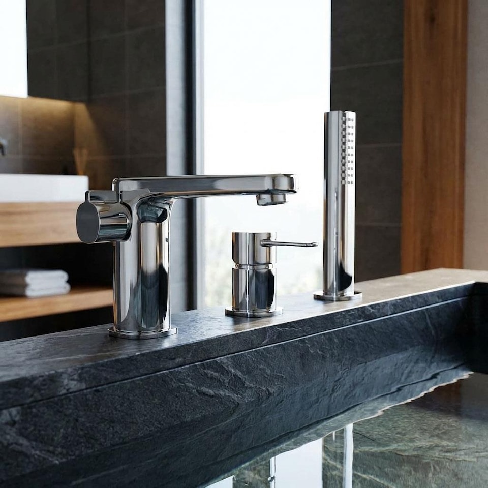 image 1 of Chrome 3-Hole Bath Tap Pull Out Shower Handle Space Saving Bathroom Mixer Faucet