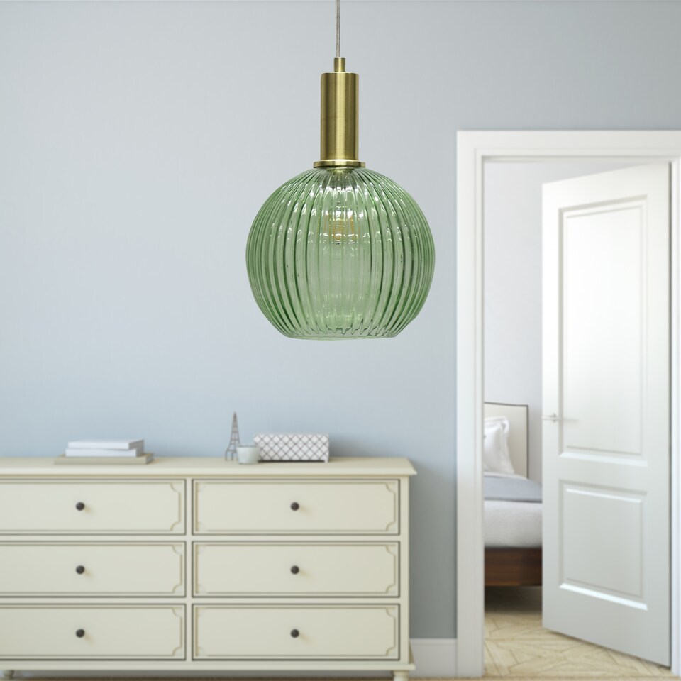 image 1 of Set of 2 Betchley - Green Ribbed Glass Globe Satin Brass Deco Pendants