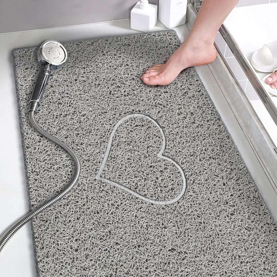 image 1 of Embossed Spaghetti Anti Slip Shower Mat - Heart - 100cm x 40cm | Grey | Grey | Rectangular 100x40cm