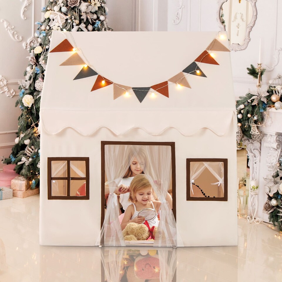 image 1 of COSTWAY Kids Play Tent Toddler Playhouse Tent with Padded Non-slip Mat-Beige