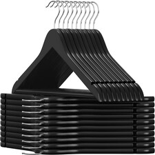 Set of 20 Wooden Clothes Hangers with Non-Slip Trouser Bar and Rotating Hooks, Black and Silver
