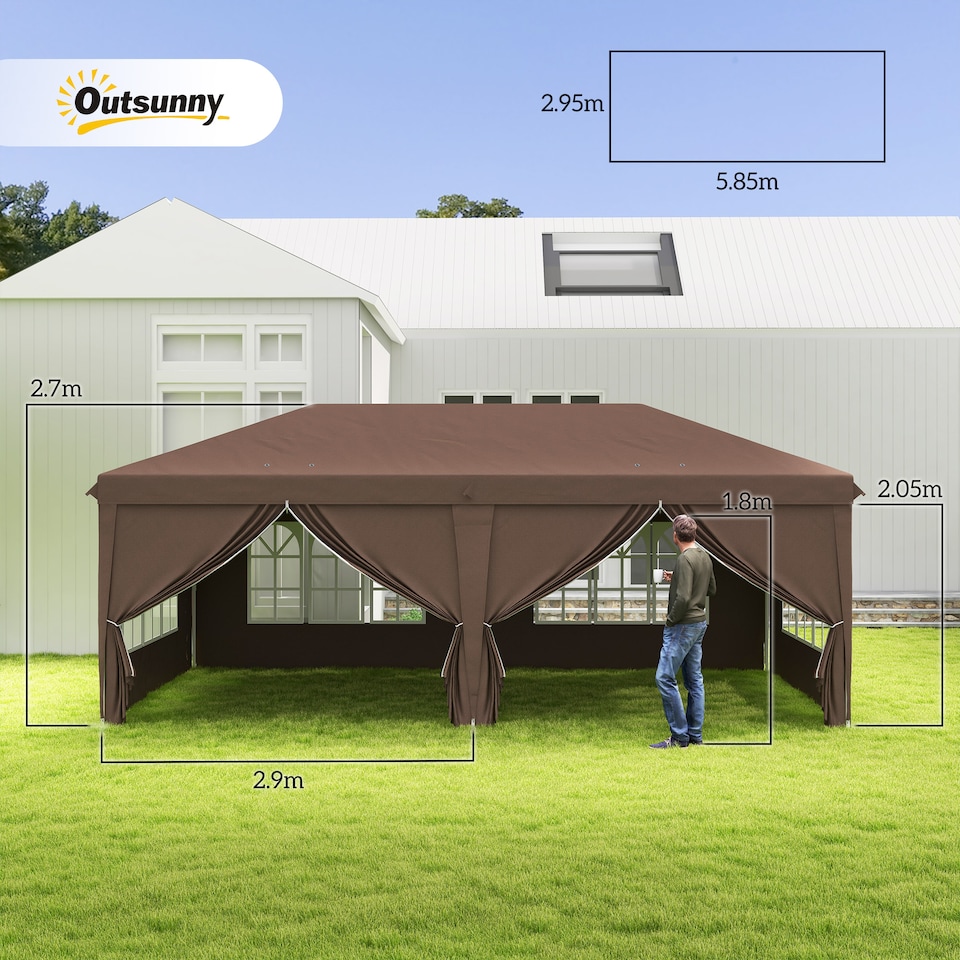 image 1 of Outsunny 3x6m Garden Pop Up Gazebo Awning Canopy Marquee w/ Carry Bag, Brown
