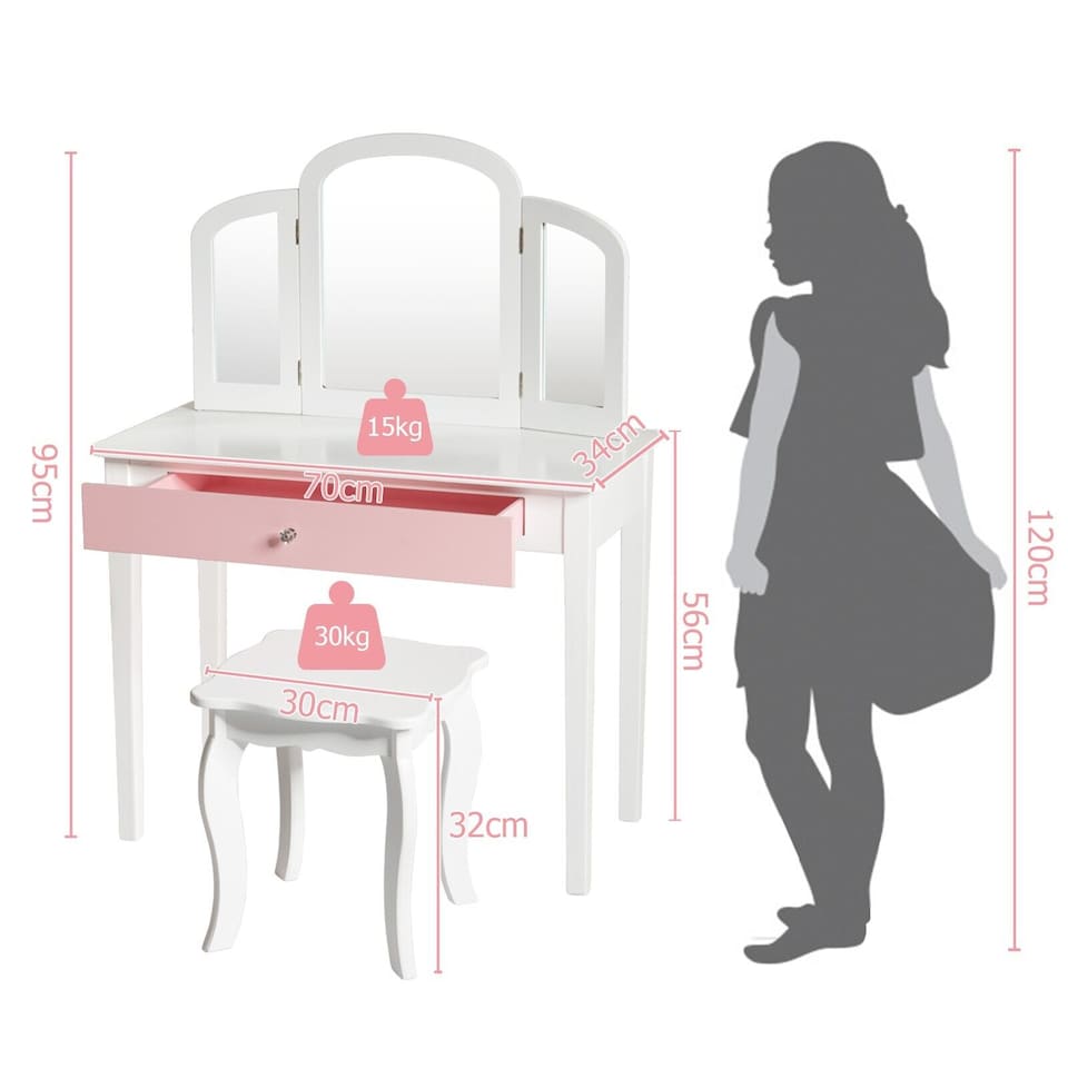 image 1 of COSTWAY Princess Makeup Dressing Table Kids Vanity Set White