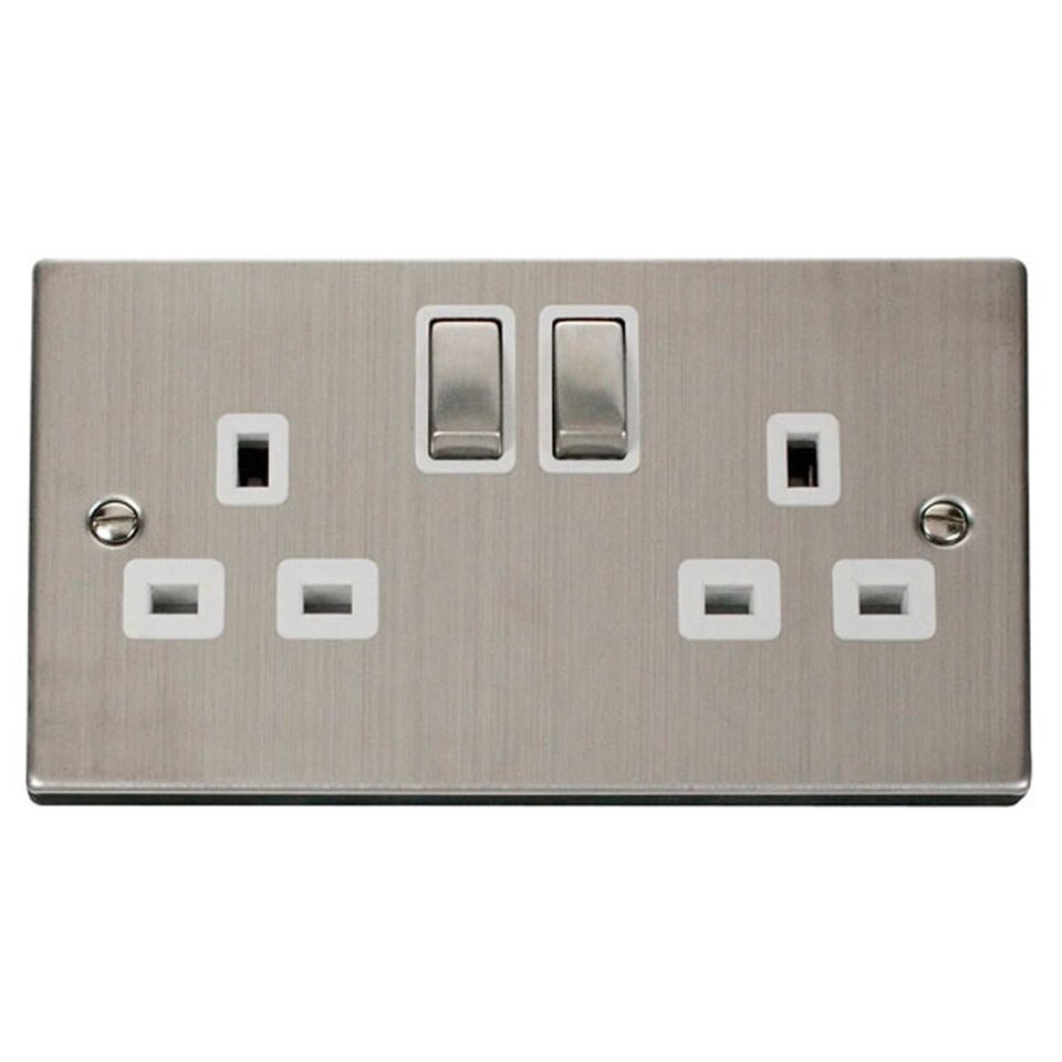 SE HOME Stainless Steel 2 Gang 13A DP Ingot Twin Double Switched Plug Socket | Chrome | Stainless Steel