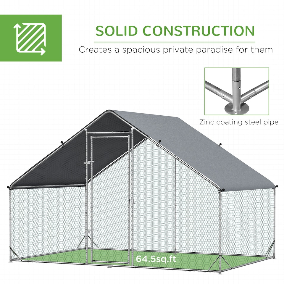 image 1 of PawHut Walk In Chicken Run Large Galvanized Chicken Coop w/ Cover 3 x 2 x 2m