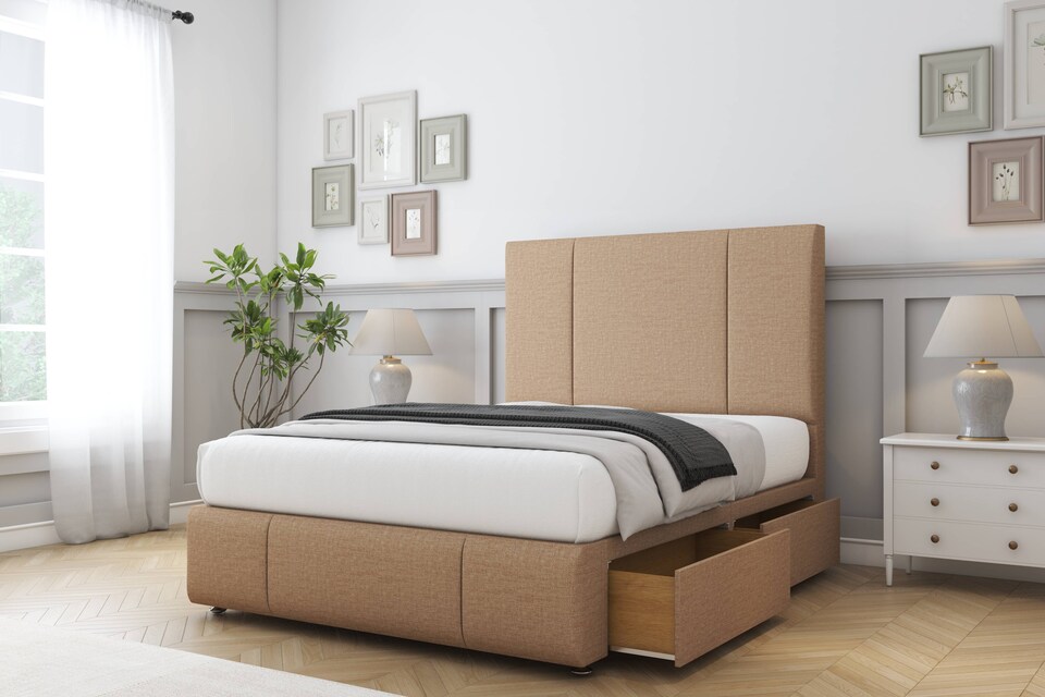 image 1 of Sloomy Lisbon Latte Dumfries Divan Bed Base 2 Drawers Right Side With 54 Inch Floor Standing Headboard & 12 Inch Matching Footboard | Brown | Latte | Super King | 1