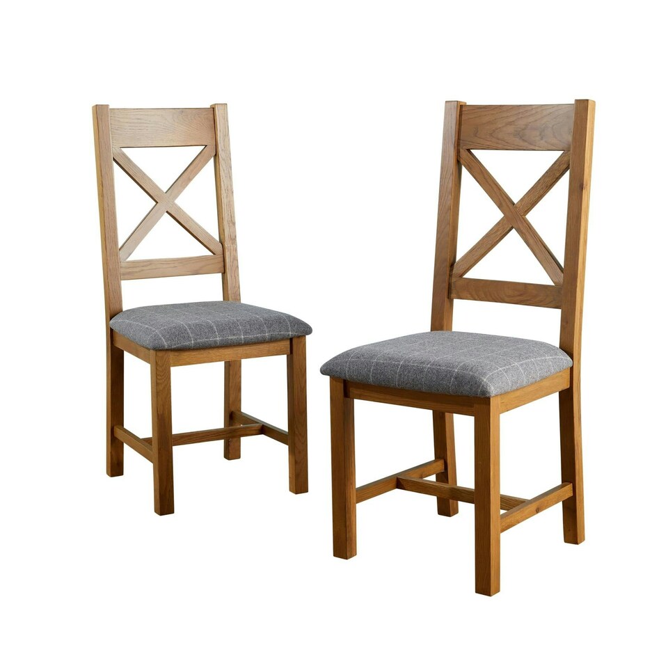 image 1 of Pair Of High Backed Dining Chairs Checked Seat Solid Oak Legs Fully Assembled Grey | Cross Back